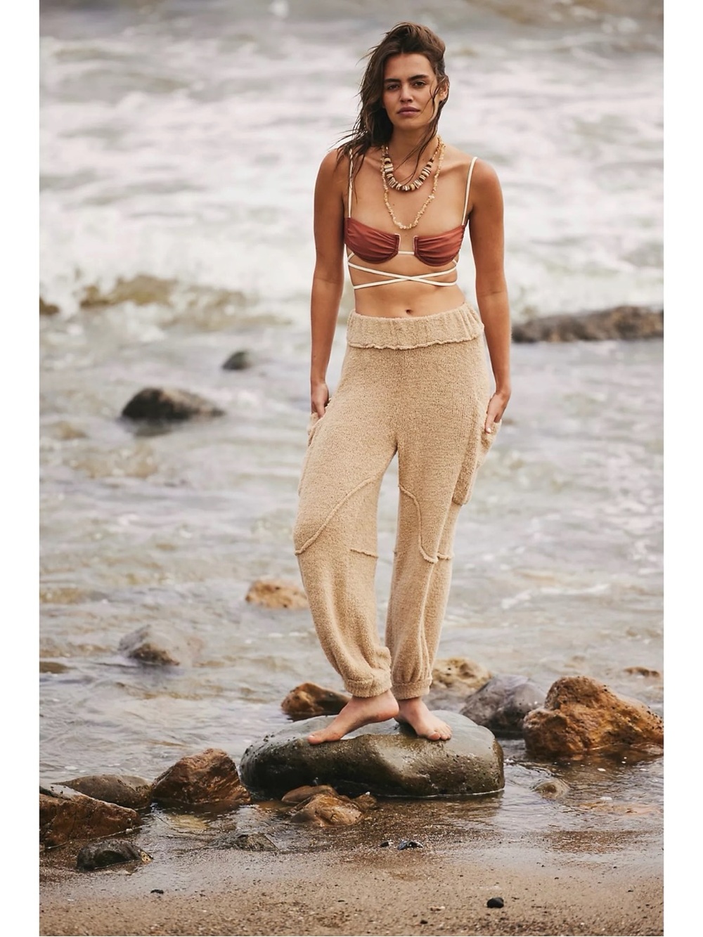 Free People Bohemian Retro 70s Dane Terry Cloth Balloon Pants Natural Large NEW